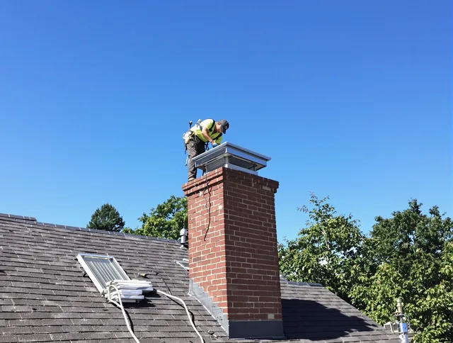 Fairhaven Chimney Sweep technician measuring a chimney cap in Fairhaven, MA