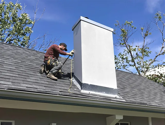 Fairhaven Chimney Sweep team member finishing chimney construction in Fairhaven, MA